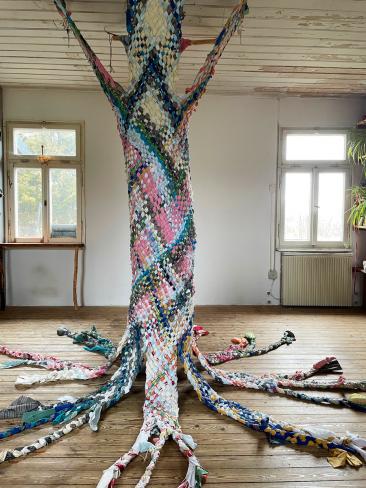 Braided old bed linnen, growing upside down, hollow, 270x240x240 cm, 2026